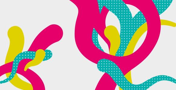 Abstraktes Bild mit geschwungenen Formen in Pink, Gelb und Türkis. Die türkisen Elemente sind mit weißen Punkten gemustert. Die Formen überlagern sich spielerisch auf weißem Hintergrund und erzeugen einen dynamischen, farbenfrohen Eindruck.