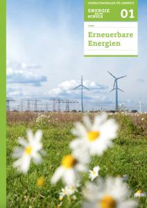 Wiese, im Hintergrund Hochspannungsmasten und Windräder. Titelseite der Broschüre: „Erneuerbare Energien“. Bildquelle: energie-macht-schule.de