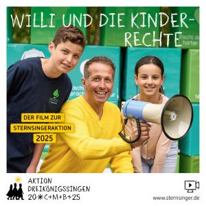 Willi Weitzel mit zwei Kindern der Grundschule am Pappelsee und einem Megafon. Cover Willi und die Kinderrechte. Bildrechte: Kindermissionswerk 'Die Sternsinger'.