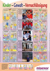 Lernplakat Kinder - Gewalt - Vernachlässigung. Comicbilder und Fotos, bunter Überschrift.