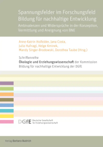 Titelseite eines Fachbuchs zu Bildung für nachhaltige Entwicklung. Titel: „Spannungsfelder im Forschungsfeld Bildung für nachhaltige Entwicklung“. Darunter stehen die Unterzeile zu Ambivalenzen und Widersprüchen, die Herausgebenden sowie Angaben zur Schriftenreihe und zum Verlag.