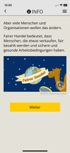 Beispielseite einer Erklärseite aus dem Actionbound Fairer Handel, Kamel vor Weltkugel mit Schriftzug "Fairer Handel", dazu ein Erklärtext zum Fairen Handel