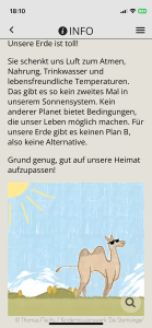 Screenshot Actionbound Klimawandel: Einführungstext und Bild eines Kamels mit Sonnenbrille auf einer Wiese