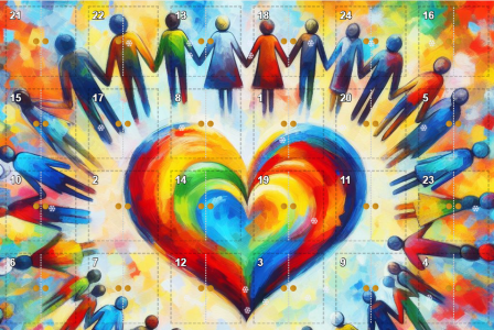Ein Adventskalender mit 24 Türchen. Der Hintergrund stellt viele skizzierte Personen dar, die sich an der Hand halten. Das Bild ist sehr bunt und abstrakt.