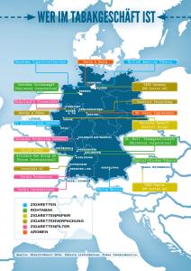 Grafik "Wer im Tabakgeschäft ist". Die Deutschlandkarte zeigt, welche Firmen Teil der Lieferkette von Zigaretten sind.