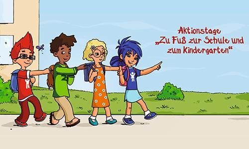 Vier Kinder laufen zusammen in eine Richtung und verbinden sich dadurch, dass sie sich an der Schulter berühren. Das vorderste Kind zeigt nach vorne. Oben steht "Aktionstage – Zu Fuß zur Schule und zum Kindergarten"