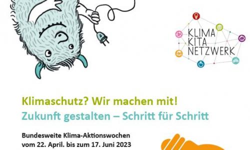 Flyer Klima-Aktionswochen 2023. Ein freundliches Fantasie-Monster hält einen Stromstecker in der Hand. Bild: Klima-Kita-Netzwerk.