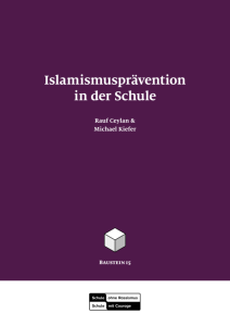 Buchcover „Islamismusprävention in der Schule“ von Rauf Ceylan und Michael Kiefer. Dunkelvioletter Hintergrund mit weißem Titel und Autorenangabe. Unten ist ein stilisierter Würfel und das Logo „Baustein 15“.