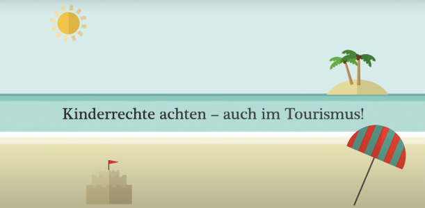 Strandlandschaft mit Sonnenschirm, kleiner Insel und Sonne.