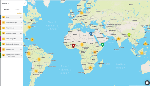 Screenshot der Datenbank, Einträge sind als Punkte auf einer Weltkarte sichtbar und können so angesteuert werden