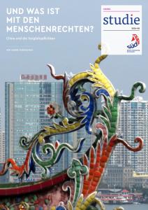Das Bild zeigt kunstvoll verzierte, bunte Drachenfiguren auf dem Dach eines traditionellen chinesischen Gebäudes im Vordergrund. Im Hintergrund ragen moderne Hochhäuser in den Himmel. Oben links steht in weißer Schrift der Titel der Broschüre. Rechts daneben das Logo von Südwind.