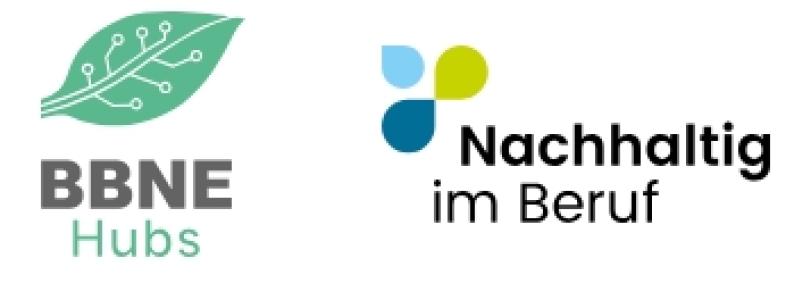 Zwei Logos auf weißem Hintergrund. Links das Logo „BBNE Hubs“ mit einem stilisierten grünen Blatt und weißen Leiterbahnen. Rechts das Logo „Nachhaltig im Beruf“ mit drei abgerundeten Symbolen in Hellblau, Dunkelblau und Grün sowie dem Schriftzug „Nachhaltig im Beruf“ in schwarzer Schrift.