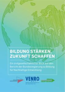 Weiße Schrift auf blau grünem Hintergrund, in der oberen Hälfte eine halbtransparente Weltkugel.