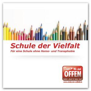 Unterschiedlich große Buntstifte in allen Farbtönen. Titelseite der Broschüre Broschüre „Schule der Vielfalt- Für eine Schule ohne Homo- und Trans*feindlichkeit“. Quelle: schule-der-vielfalt.de