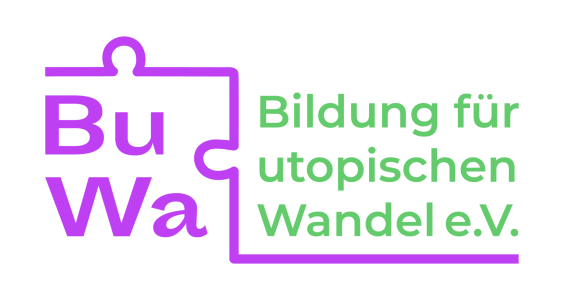 Logo „BuWa – Bildung für utopischen Wandel e.V.": Violettes Puzzleteil-Symbol mit Kürzel, daneben grüner Schriftzug.