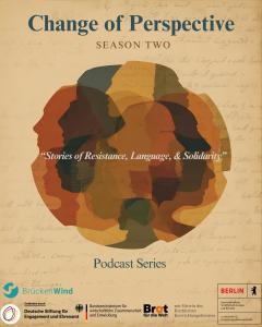 Auf dem Podcast Cover "Change of Perspectives - Season Two - Stories of Resistance, Language and Solidarity" befinden sich mehrere Siluetten von Köpfen, die sich überschneiden und einen Kreis bilden. Am unteren Rand befinden sich die Logos der Geldgeber.