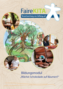 Cover des Bildungsmoduls „Wächst Schokolade auf Bäumen?“ mit Illustration eines Kakaowaldes und Fotos einer Kakaobäuerin, von Kindern beim Lernen und einer Fairtrade-Schokolade.