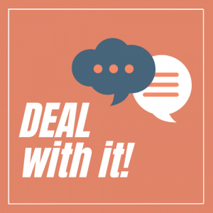 Zwei Sprechblasen auf rosa Untergrund. DEAL with it! Logo. Quelle: EPiZ Reutlingen