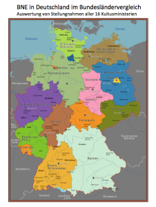 Deutschlandkarte mit allen 16 farbig markierten Bundesländern. Titel: „BNE in Deutschland im Bundesländervergleich – Auswertung von Stellungnahmen aller 16 Kultusministerien."