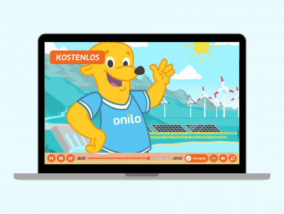 Bildschirmansicht mit Figur Onilo, dahinter Windräder und Solar Panels. Bild zur Onilo_Lernwelt_Energiesparen. Quelle und Copyright: Onilo