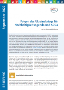 Cover des Briefings mit Titel und Kurzbeschreibung sowie Veröffentlichungsmonat September 2022. Kein Foto enthalten, aber Bordüre mit allen 17 SDGs am oberen Bildrand sowie Logo von GPF Europe.