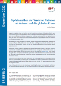 Cover des Briefings mit Titel und Kurzbeschreibung sowie Veröffentlichungsmonat Dezember 2022. Kein Foto enthalten, aber Bordüre mit allen 17 SDGs am oberen Bildrand sowie Logo von GPF Europe.
