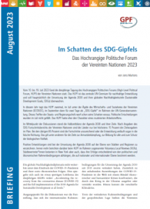 Cover des Briefings mit Titel und Kurzbeschreibung sowie Veröffentlichungsmonat August 2023. Kein Foto enthalten, aber Bordüre mit allen 17 SDGs am oberen Bildrand sowie Logo von GPF Europe.