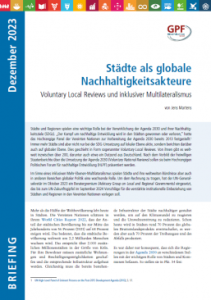 Cover des Briefings mit Titel und Kurzbeschreibung sowie Veröffentlichungsmonat Dezember 2023. Kein Foto enthalten, aber Bordüre mit allen 17 SDGs am oberen Bildrand sowie Logo von GPF Europe.