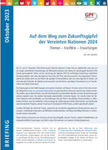 Cover des Briefings mit Titel und Kurzbeschreibung sowie Veröffentlichungsmonat Oktober 2023. Kein Foto enthalten, aber Bordüre mit allen 17 SDGs am oberen Bildrand sowie Logo von GPF Europe.