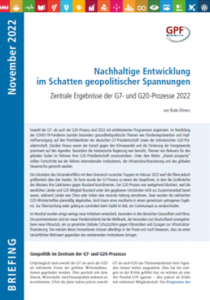 Cover des Briefings mit Titel und Kurzbeschreibung sowie Veröffentlichungsmonat November 2022. Kein Foto enthalten, aber Bordüre mit allen 17 SDGs am oberen Bildrand sowie Logo von GPF Europe.