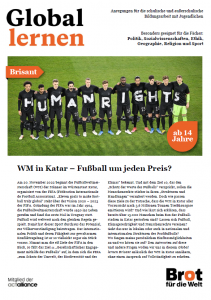 Titelbild Global Lernen Brisant: WM in Katar. Foto einer Fußballmannschaft mit Text. Quelle: brot-fuer-die-welt.de