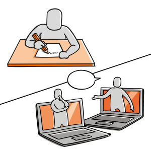 Illustration in zwei Teilen: Oben sitzt eine Person an einem Tisch und schreibt auf Papier. Unten sind zwei Laptops mit Personen auf den Bildschirmen zu sehen, die miteinander sprechen. Eine Sprechblase symbolisiert Austausch oder Online-Kommunikation.