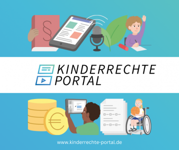 Grafik Kinderrechte-Portal: verschiedene Personen und Gegenstände, z. B. ein Tablet, Geldmünzen, ein Buch, ein Mikrofon. In der Mitte der Text "Kinderrechte-Portal"