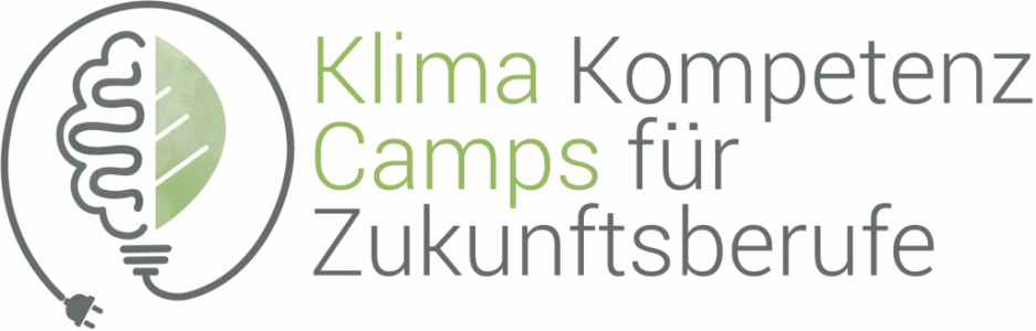 In Druckbuchstaben auf weißem Hintergrund "Klima Kompetenz Camps für Zukunftsberufe", Logo. Quelle:  Klimakompetenz