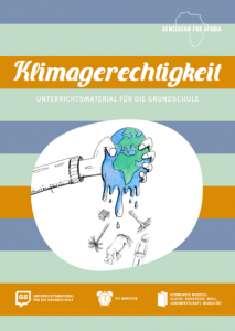 Zeichnung; Hand quetscht unsere Erde aus. Titelseite des Materials "Klimagerechtigkeit. Unterrichtsmaterial für die Grundschule". Quelle: gemeinsam-fuer-afrika.de