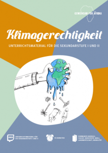 Zeichnung; Hand quetscht unsere Erde aus. Titelseite des Materials "Klimagerechtigkeit. Unterrichtsmaterial für die Sekundarstufe I und II. Quelle: gemeinsam-fuer-afrika.de