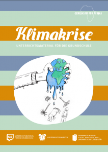 Titelseite Klimakrise. Hand, die eine Erde zerquetscht auf gestreiftem Hintergrund.. Quelle: www.gemeinsam-fuer-afrika.de