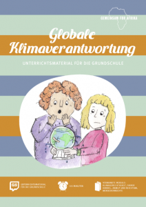 Zeichnung: zwei Menschen betrachten erschrocken geflickten Globus in ihren Händen. Titelseite des Materials "Globale Klimaverantwortung. Unterrichtsmaterial für die Grundschule". Quelle: gemeinsam-fuer-afrika.de