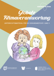 Zeichnung: zwei Menschen betrachten erschrocken geflickten Globus in ihren Händen. Titelseite des Materials "Globale Klimaverantwortung. Unterrichtsmaterial für die Grundschule". Quelle: gemeinsam-fuer-afrika.de