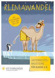 Kamel in Badehose und mit Taucherbrille und Pinguin auf einer Eisscholle