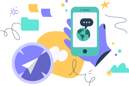 Die Illustration zeigt eine Hand mit einem Smartphone. Auf dem Display sind eine Weltkugel und eine Sprechblase dargestellt. Links unten ist ein großer Kompass zu sehen. Ergänzt wird die Grafik durch ein Ordnersymbol sowie Sterne, Wolken und weitere dekorative Elemente.