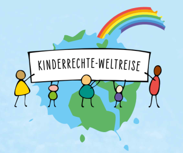 Eine Weltkugel mit Regenbogen. Davor stehen fünf bunte Figuren. Sie halten ein weißes Schild mit der Aufschrift „Kinderrechte-Weltreise“. Der Hintergrund ist hellblau wie der Himmel.
