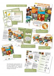 Auf dem Bild ist die Übersicht der Materialien abgebildet. Darunter sind Poster, Flyer und Broschüren. Artenschutz & Fairer Handel – Bildungspaket für Schulen und Aktive im Fairen Handel, Quelle und Rechte: Aktionsgemeinschaft Artenschutz (AGA) e. V. 