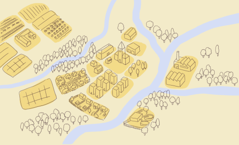 gezeichnete Stadtansicht von Oben