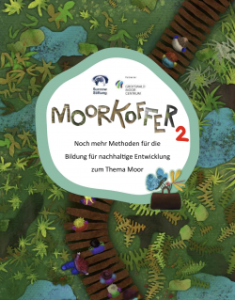 Das Cover des Bildungsmaterials „Moorkoffer 2“ zeigt eine illustrierte Moorlandschaft mit Wasserflächen, Moorpflanzen und Holzstegen, auf denen kleine Menschen unterwegs sind. In der Mitte befindet sich ein weißer Kreis mit dem Titel „Moorkoffer 2“ sowie den Logos der herausgebenden Organisationen.