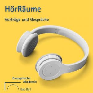 Auf gelben Hintergrund sind weiße Kopfhörer abgebildet. Darüber steht in blauer Schrift  "HörRäume-Vorträge und Gespräche". Cover der Podcast-Reihe "HörRaume"
