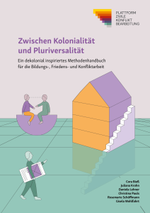 Die Gestaltung des Covers zeigt stilisierte Illustrationen: zwei Personen sitzen sich auf einer halbrunden Form gegenüber, eine weitere Person trägt eine Zeichnung. Im Mittelpunkt steht ein geometrisches, hausförmiges Objekt in Orange- und Lilatönen mit einer seitlichen Treppe und einer spiegelnden Reflexion. Oben rechts befindet sich das Logo der Plattform Zivile Konfliktbearbeitung.