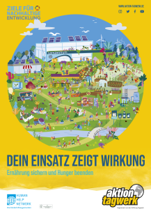 Das Plakat zeigt eine bunte, detailreiche Illustration einer nachhaltigen, lebendigen Gemeinschaft mit Schulen, Gärten und Gesundheitszentren in einer hügeligen Landschaft. Oben stehen die „Ziele für nachhaltige Entwicklung“. Der Slogan „Ernährung sichern – Hunger beenden“ betont das Engagement für soziale Projekte. Logos von „Human Help Network“ und „Aktion Tagwerk“ sind sichtbar.