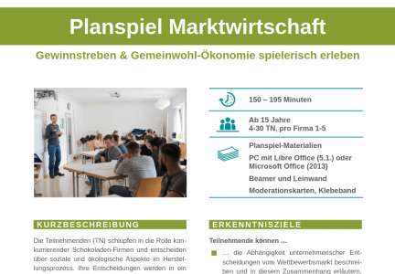 Gezeigt wird die erste Seite des Bildungsmaterials "Planspiel Marktwirtschaft". 