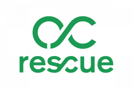 Gezeigt ist das Logo von rescue. Es ist in grüner Farbe und das s verbindet sich mit dem c. 